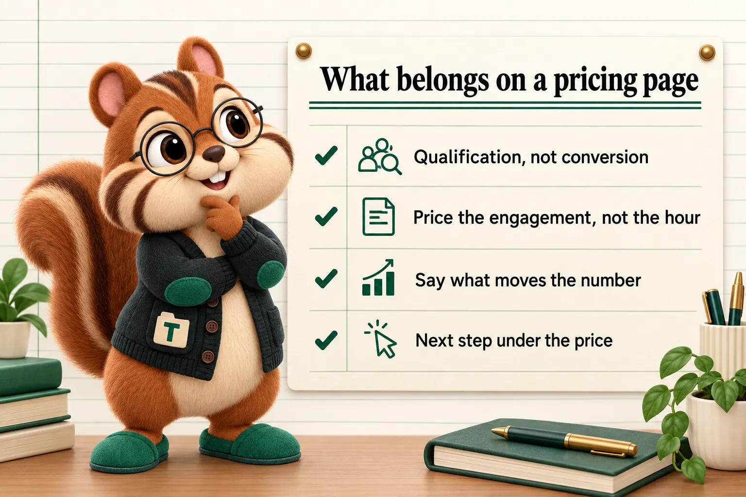 Tabs the chipmunk mascot with the key takeaways. What belongs on a pricing page: Qualification, not conversion; Price the engagement, not the hour; Say what moves the number; Next step under the price.