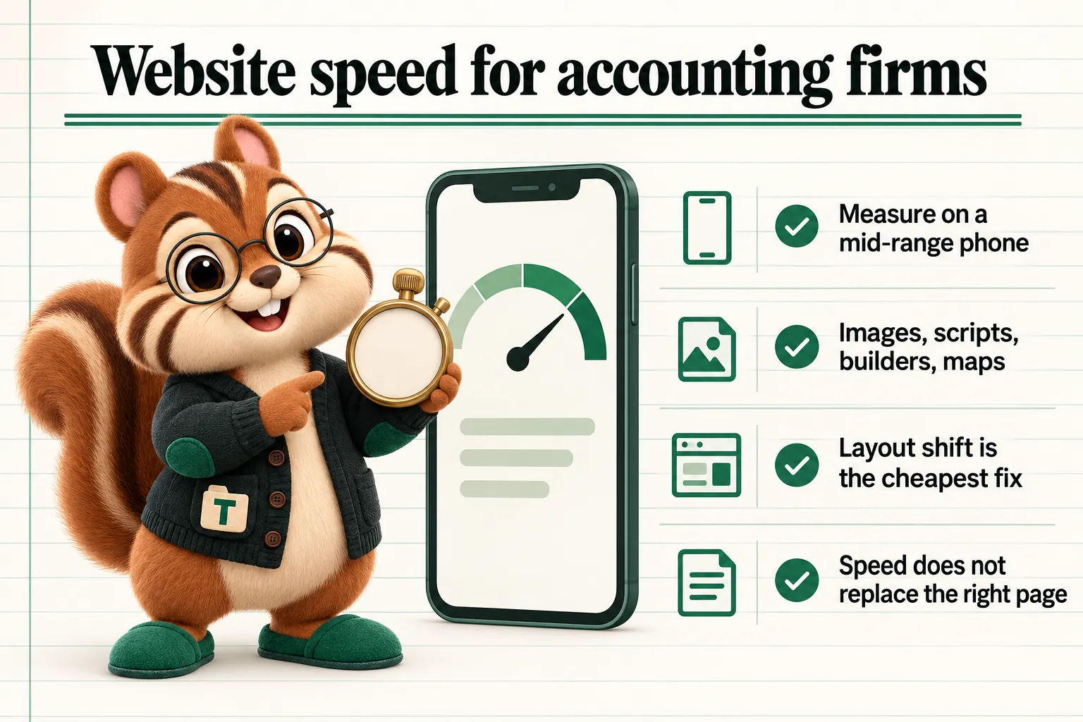 Tabs the chipmunk mascot with the key takeaways. Website speed for accounting firms: Measure on a mid-range phone; Images, scripts, builders, maps; Layout shift is the cheapest fix; Speed does not replace the right page.