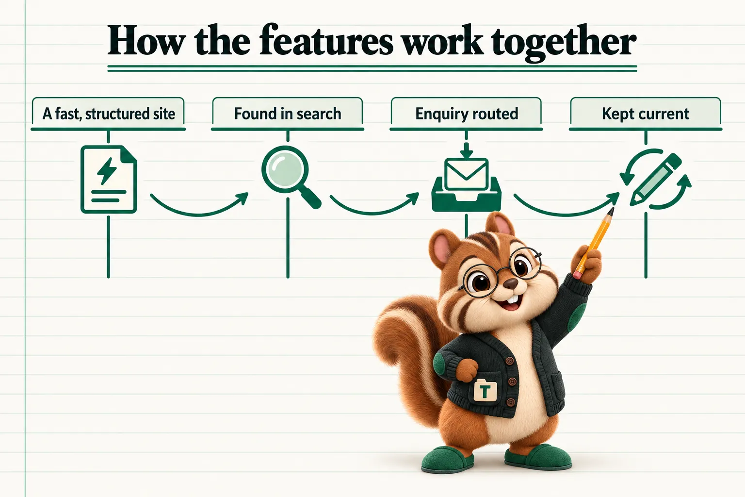 How the features work together: A fast, structured site; Found in search; Enquiry routed; Kept current.