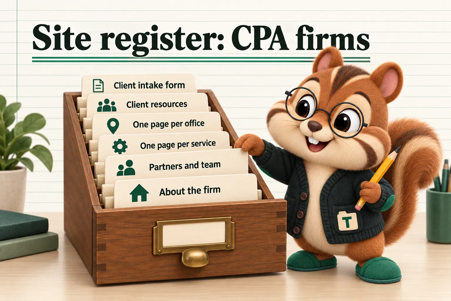 Site register: CPA firms: About the firm; Partners and team; One page per service; One page per office; Client resources; Client intake form.