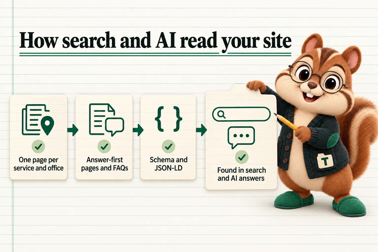How search and AI read your site: One page per service and office; Answer-first pages and FAQs; Schema and JSON-LD; Found in search and AI answers.