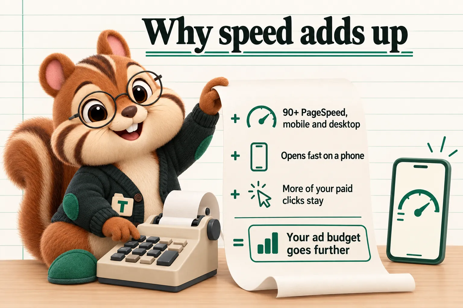 Why speed adds up: 90+ PageSpeed, mobile and desktop; plus Opens fast on a phone; plus More of your paid clicks stay; equals Your ad budget goes further.