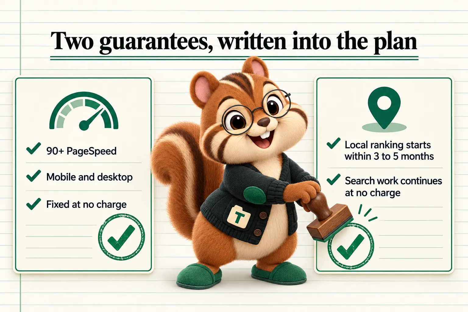 Two guarantees, written into the plan: 90+ PageSpeed, mobile and desktop, fixed at no charge; Local ranking starts within 3 to 5 months, search work continues at no charge.