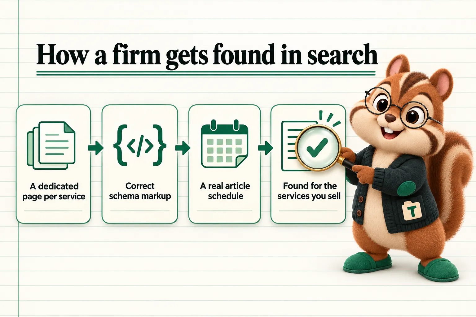 How a firm gets found in search: A dedicated page per service; Correct schema markup; A real article schedule; Found for the services you sell.
