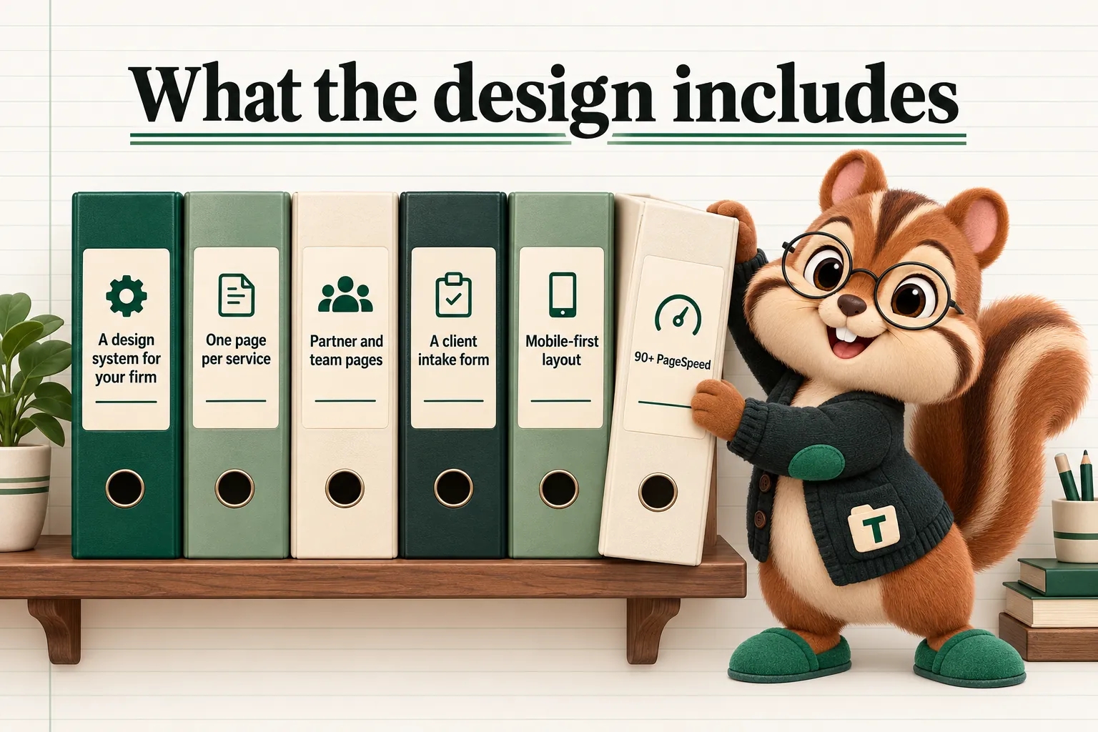 What the design includes: A design system for your firm; One page per service; Partner and team pages; A client intake form; Mobile-first layout; 90+ PageSpeed.