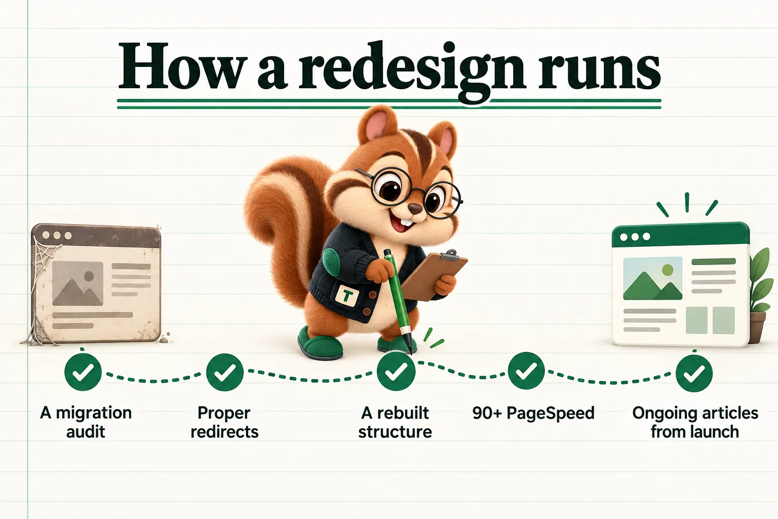 How a redesign runs: A migration audit; Proper redirects; A rebuilt structure; 90+ PageSpeed; Ongoing articles from launch.