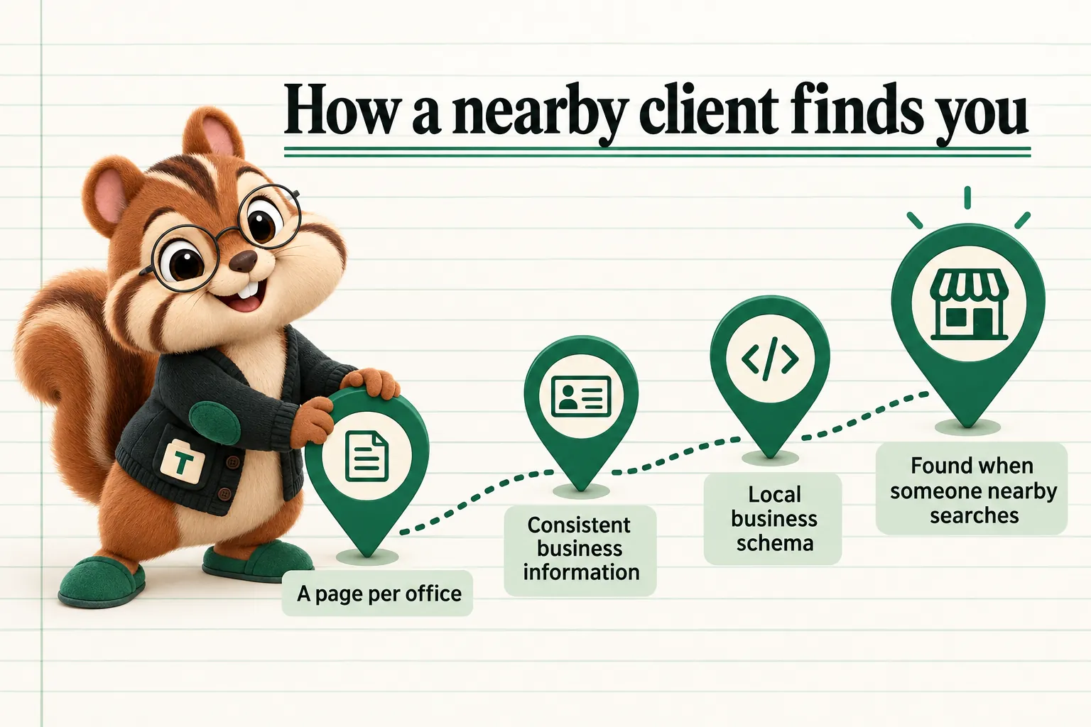 How a nearby client finds you: A page per office; Consistent business information; Local business schema; Found when someone nearby searches.