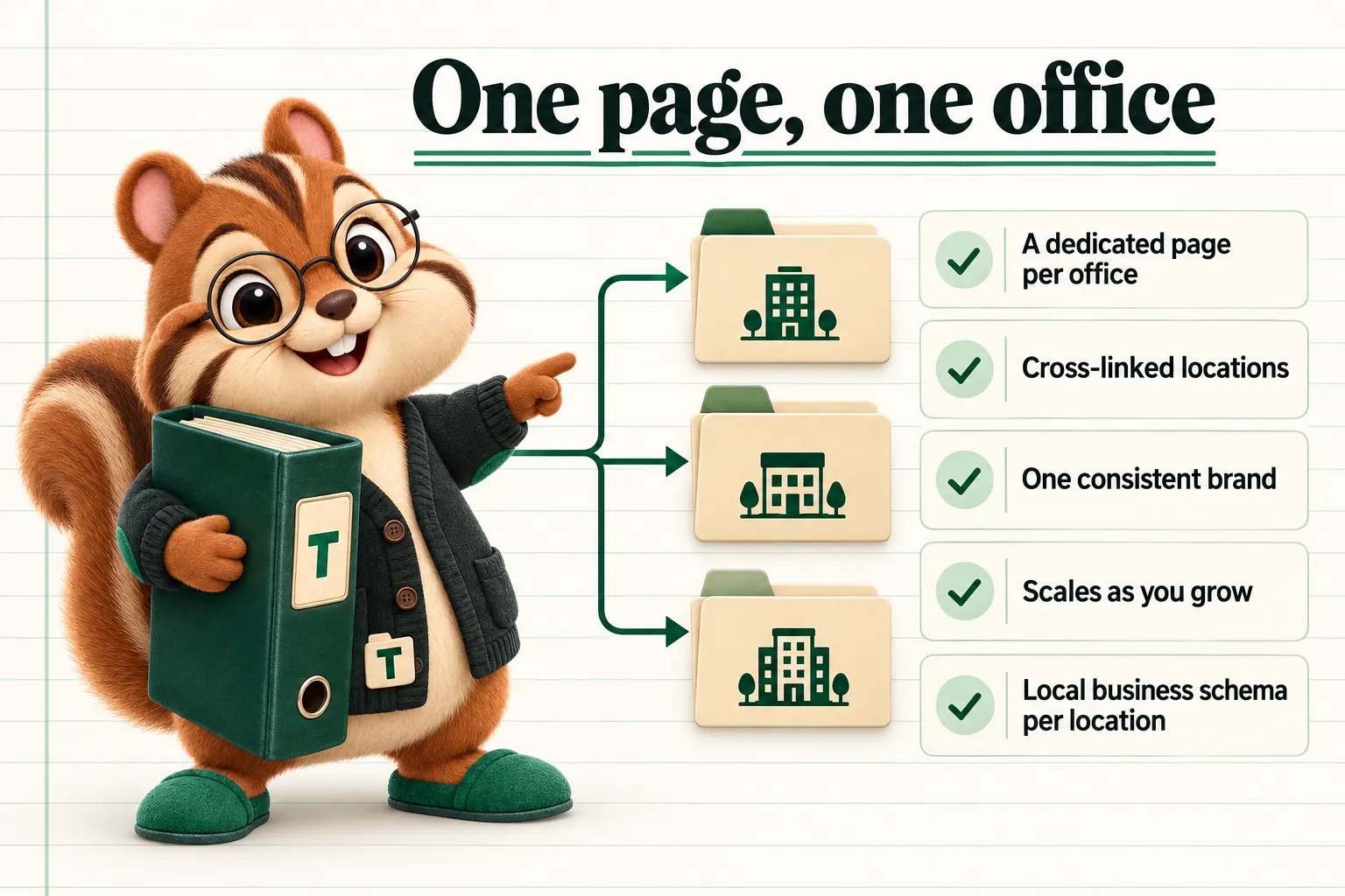 One page, one office: A dedicated page per office; Cross-linked locations; One consistent brand; Scales as you grow; Local business schema per location.