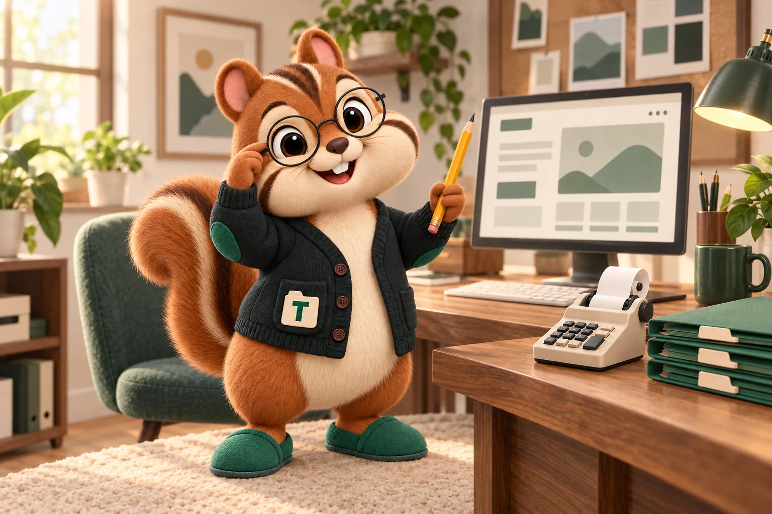 Tabs, the GetAccountingWebsite chipmunk mascot, pushing up his spectacles at a studio desk beside a monitor showing a website layout