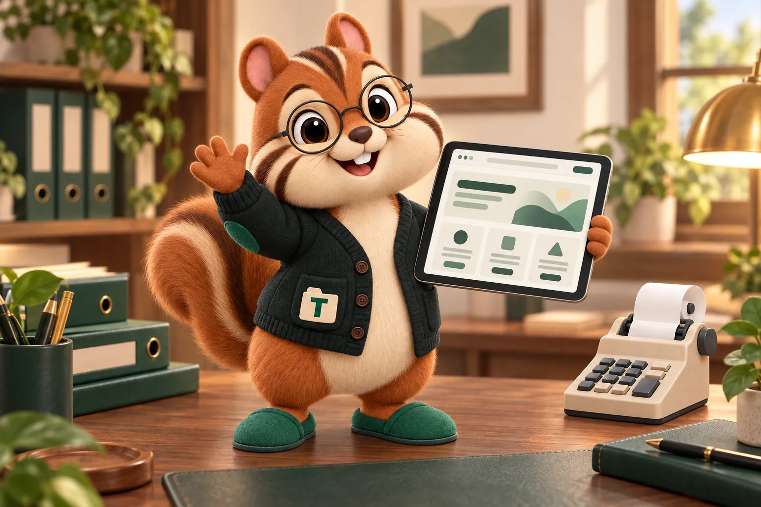 Tabs, the GetAccountingWebsite chipmunk mascot, waving from a tidy accounting desk and holding up a tablet that shows a new firm website