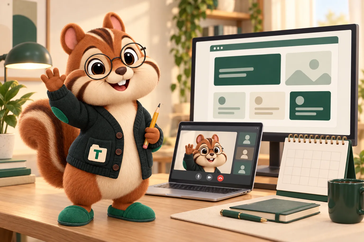 Tabs the chipmunk mascot waving beside a monitor showing a website preview, ready for a demo