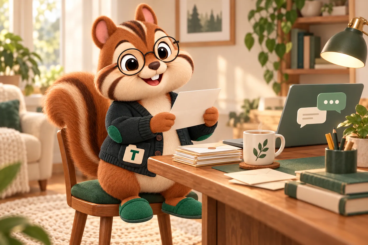 Tabs the chipmunk mascot reading a letter at a small writing desk beside a stack of envelopes