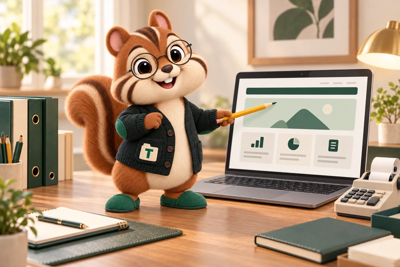 Tabs, the GetAccountingWebsite chipmunk mascot, pointing a pencil at a clean website on a laptop