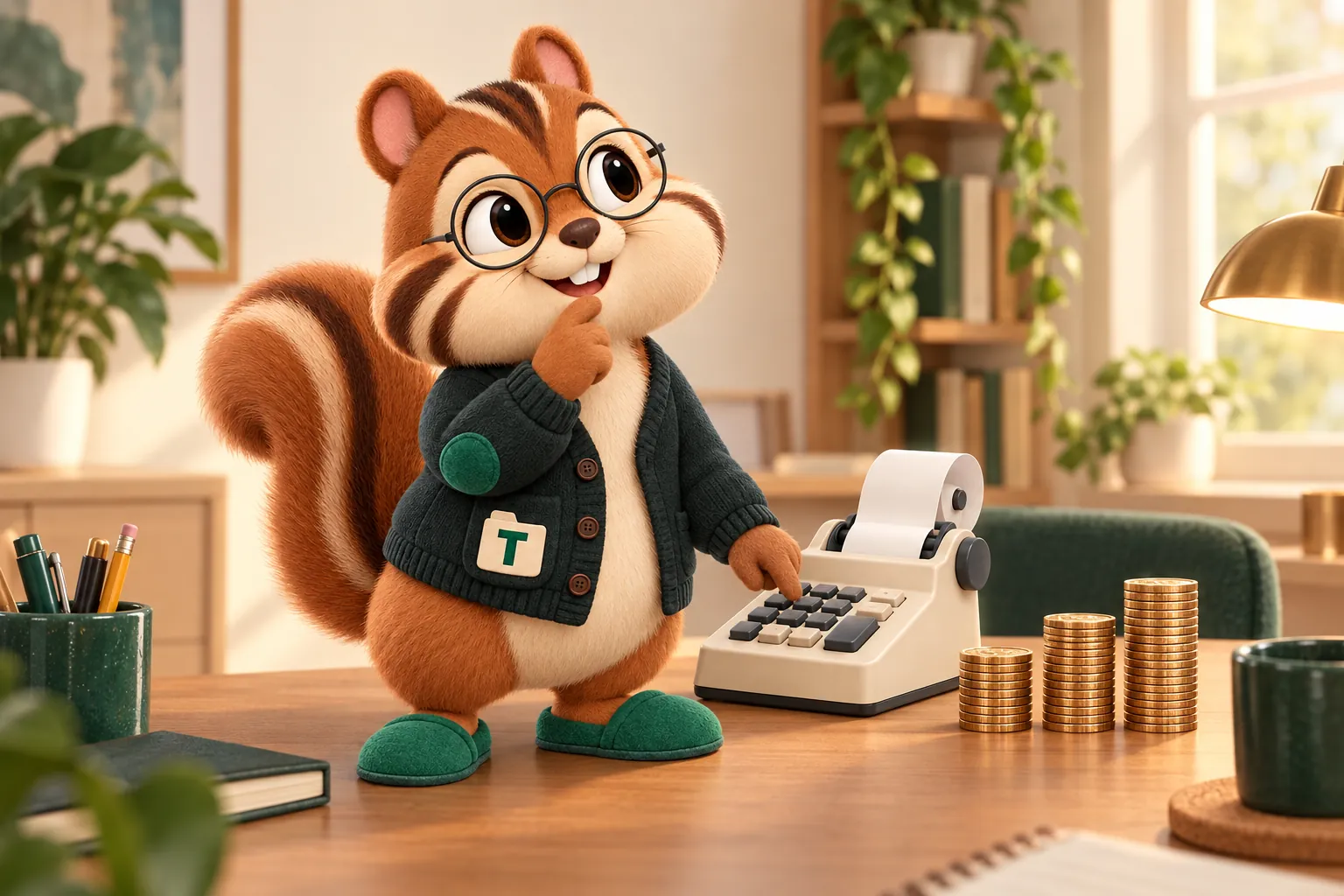 Tabs the chipmunk mascot tapping figures into a small adding machine beside three stacks of coins