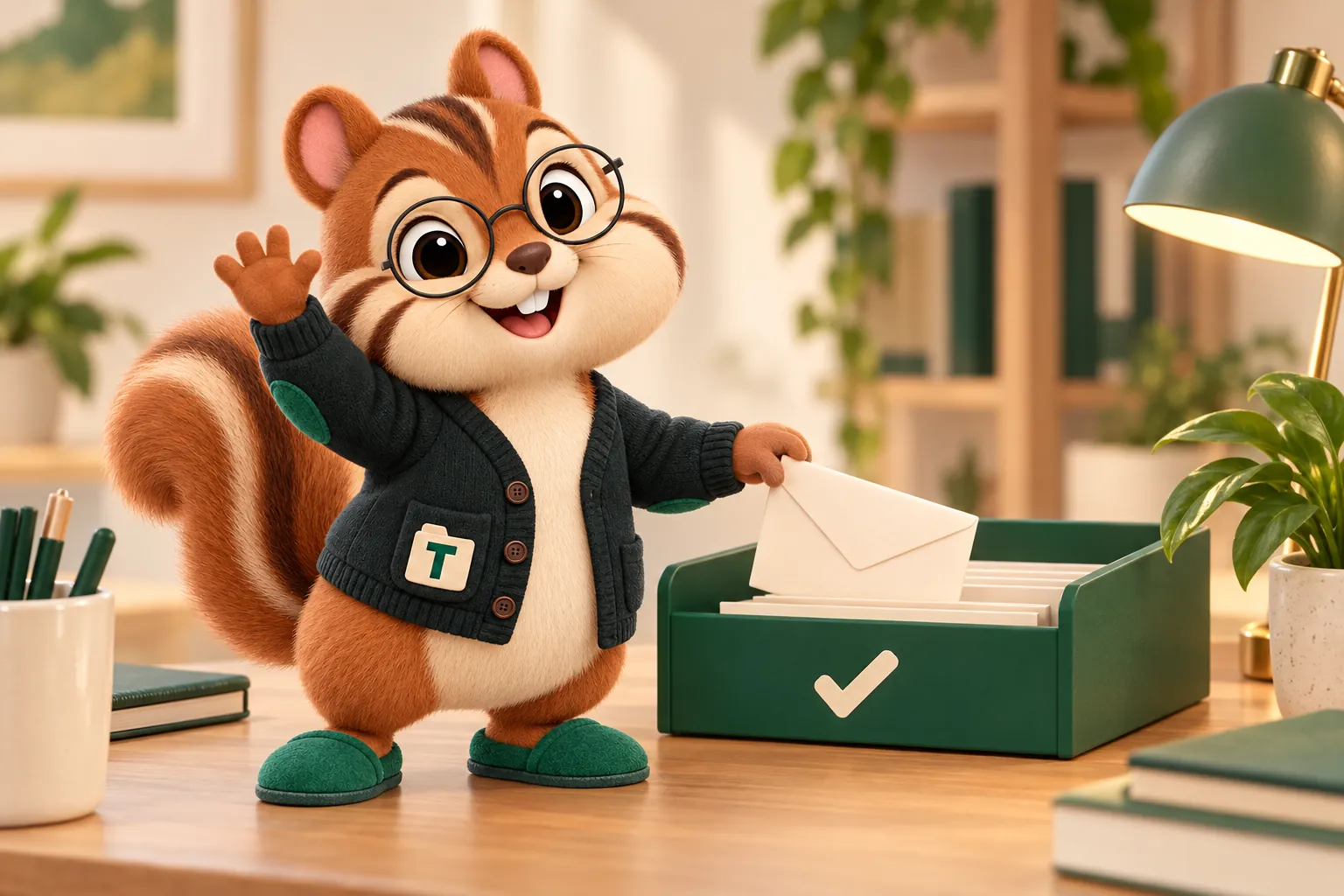 Tabs the chipmunk mascot filing an envelope into a green letter tray and waving